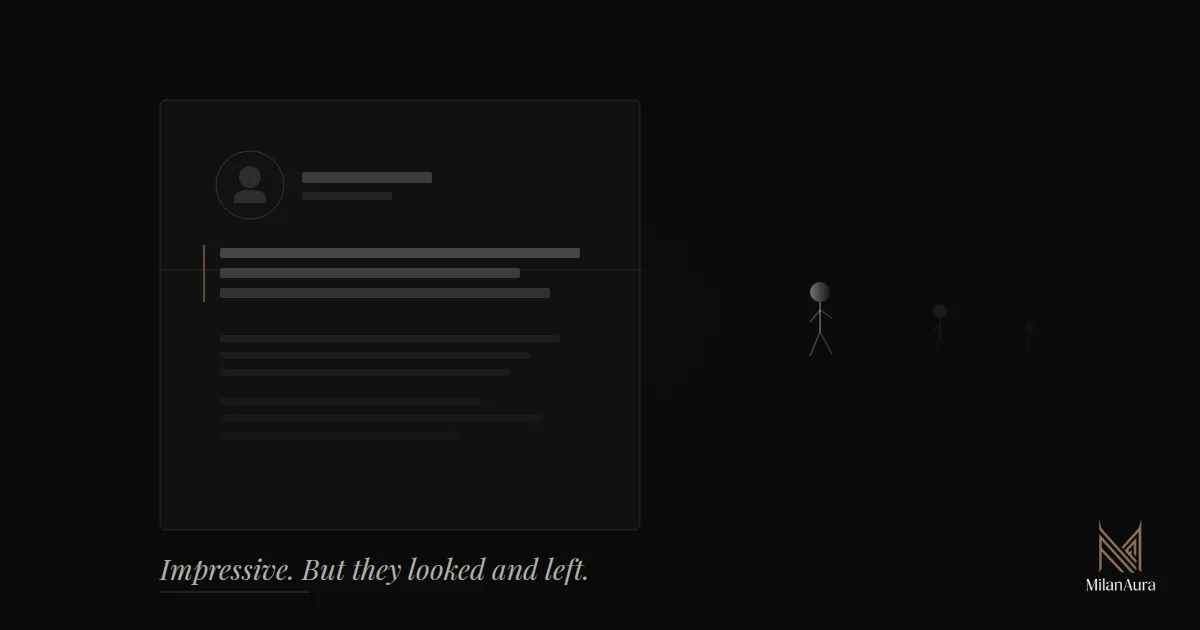 An abstract LinkedIn profile card in cream and gold on a dark background with a small figure walking away from it, illustrating a strong profile that is not converting buyers.